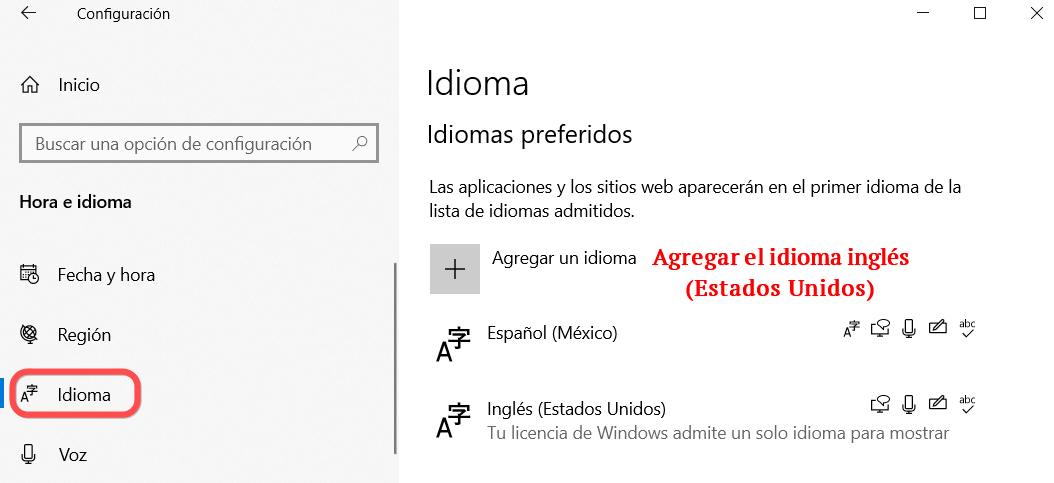 Configuración de idioma para agregar el idioma Inglés Estados Unidos