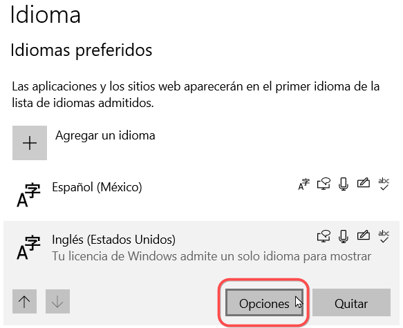 Abrir las opciones del idioma Inglés Estados Unidos