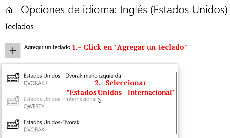 Al idioma Inglés Estados Unidos agregarle el teclado Estados Unidos - Internacional